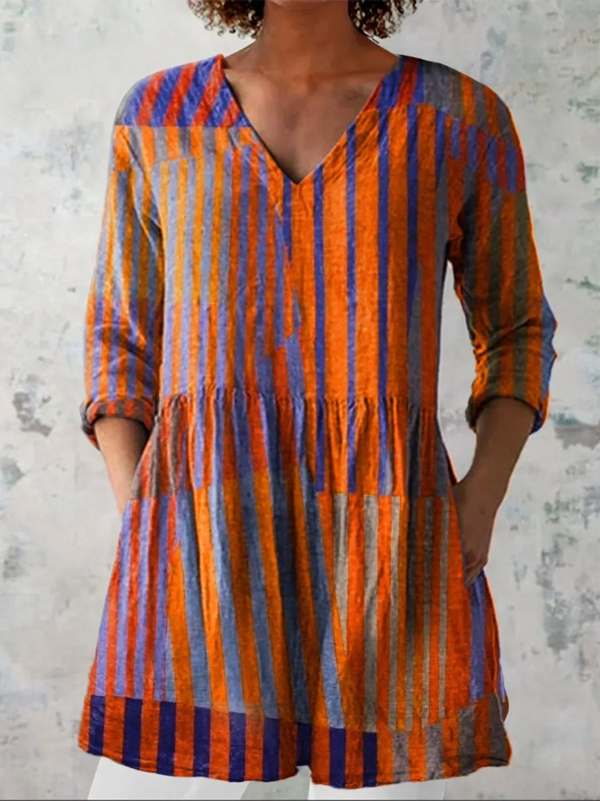 Women's Vintage Colourblock Striped Art Print Casual Linen-Look V-neck Shirt