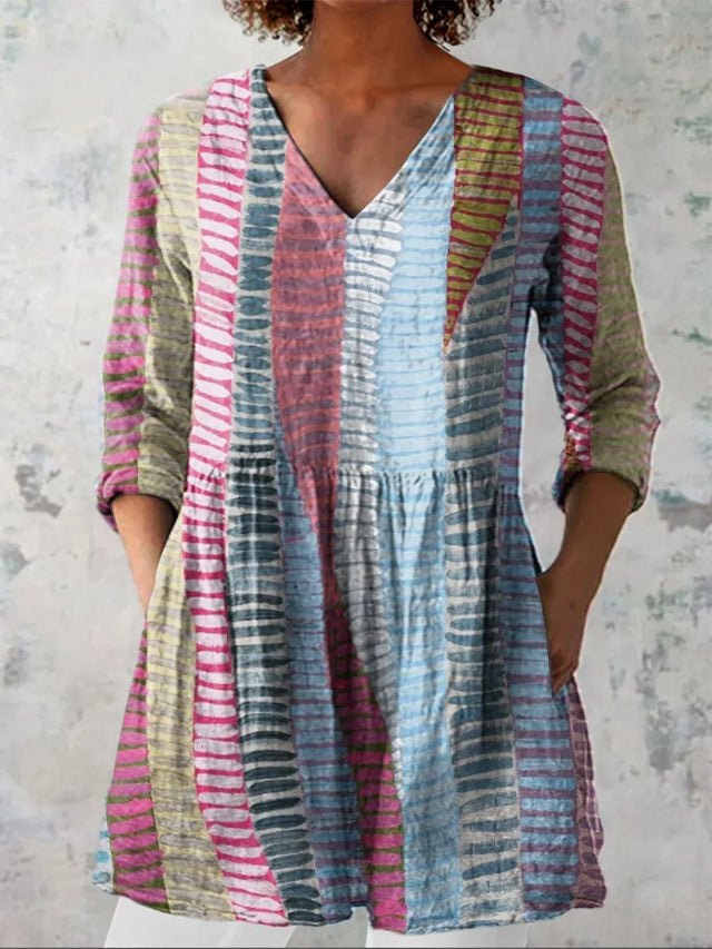Women's Vintage Colour Block Line Art Print Casual Linen-Look V-neck Shirt