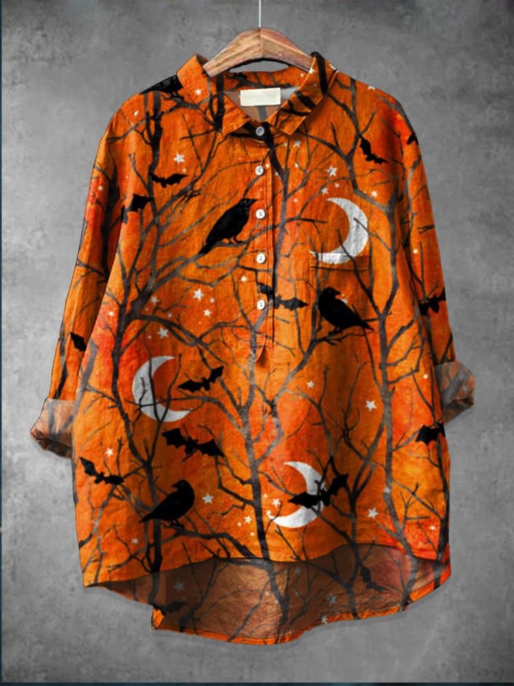 Women's Halloween Crow Art Print Casual Cotton Shirt