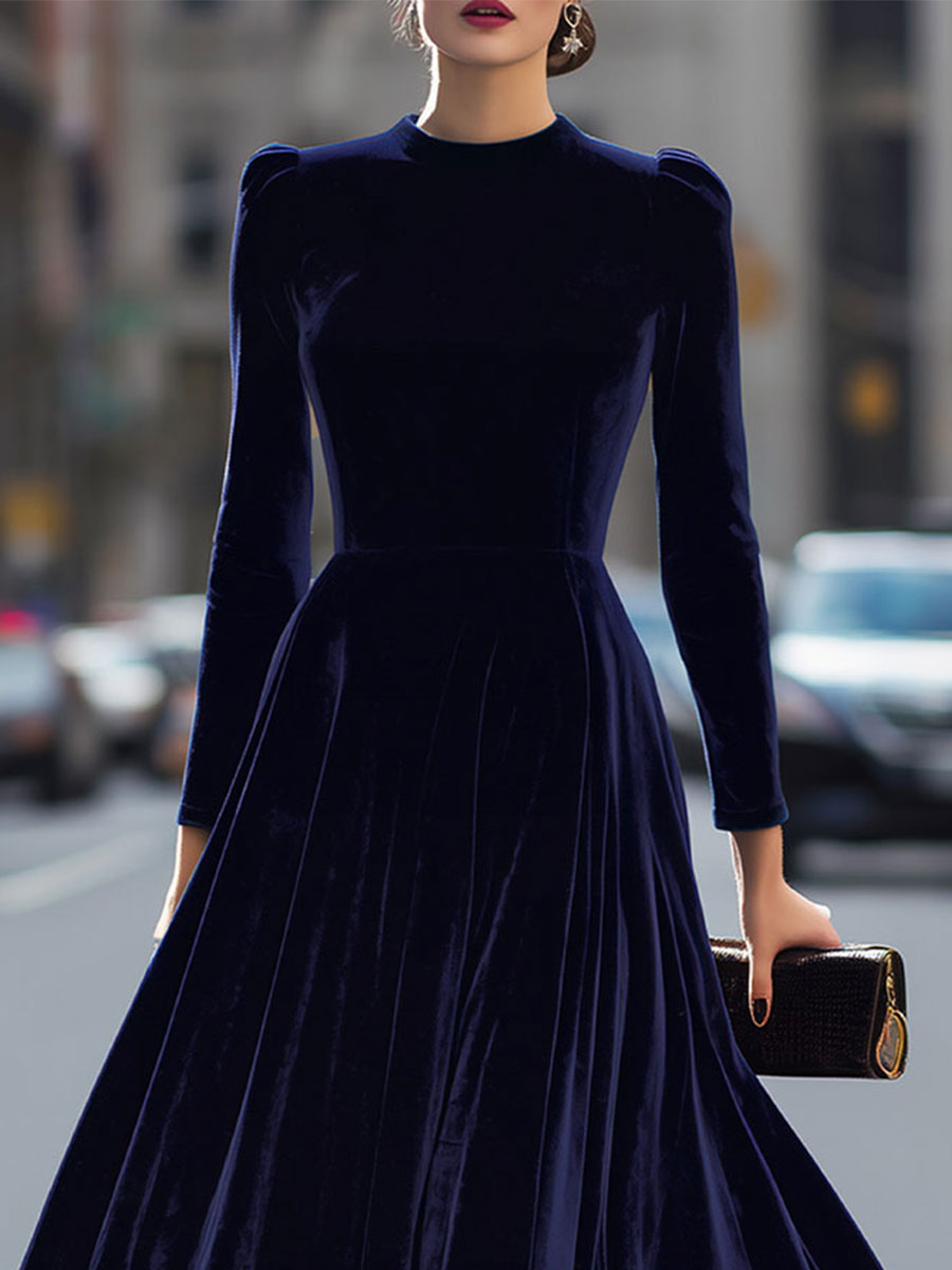 ELOWON | NAVY BLUE LONG-SLEEVE MIDI DRESS