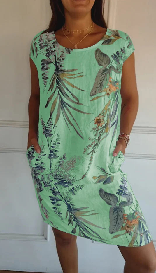Women's Linen-Look Printed Summer Dress with Pockets