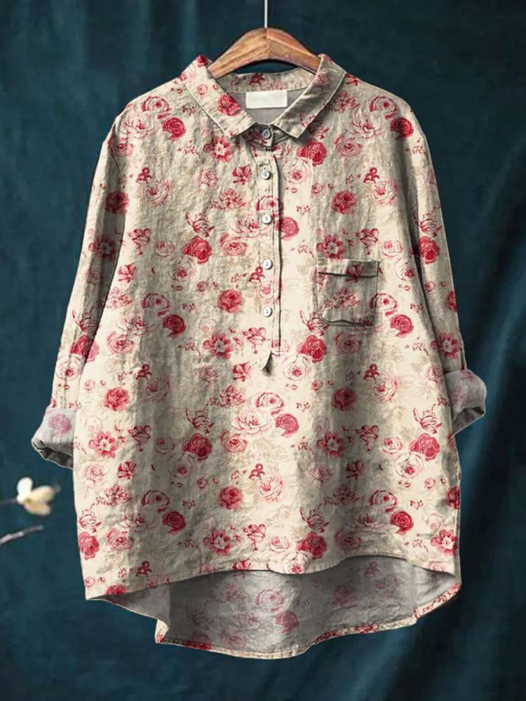 Women's Vintage Floral Art Print Casual Cotton Shirt