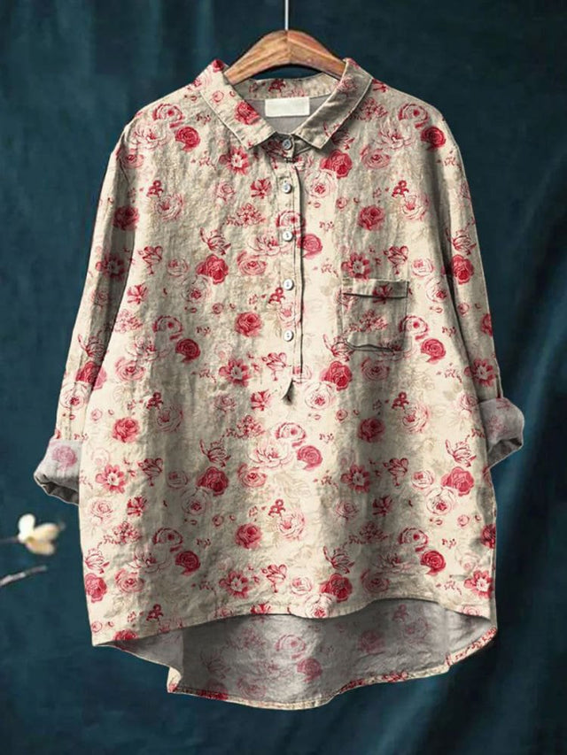 Women's Vintage Floral Art Print Casual Cotton Shirt