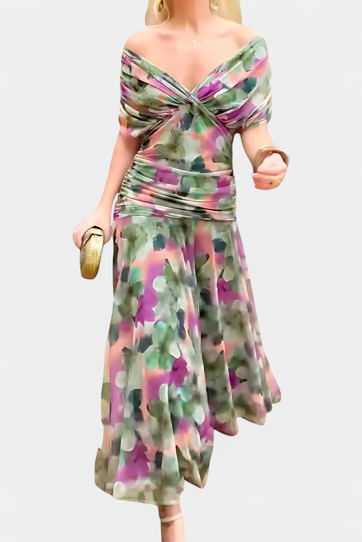 Flora™ - Long Floral V Neck Dress