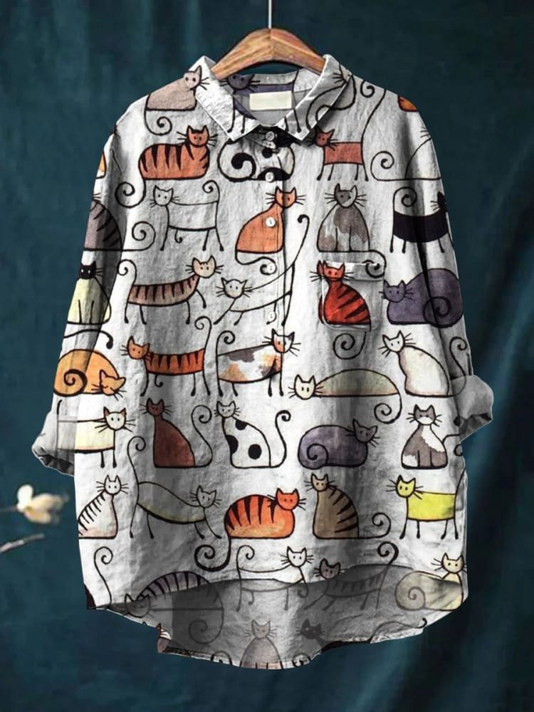 Women's Cute Cat Art Print Casual Cotton Shirt