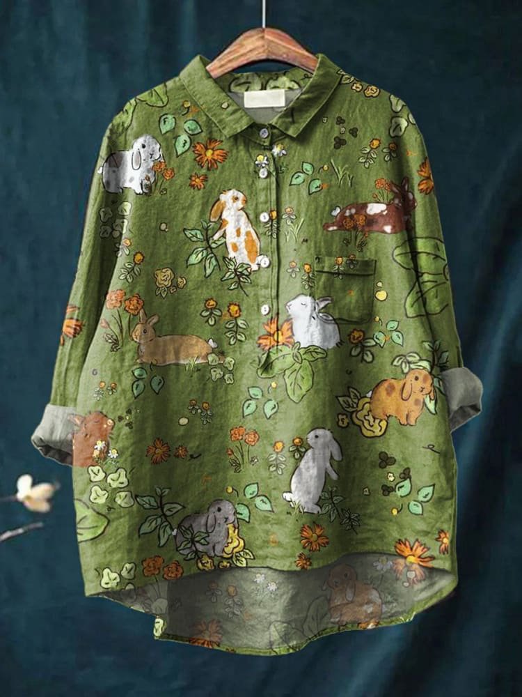 Vintage Lovely Rabbits Art Print Casual Cotton Shirt