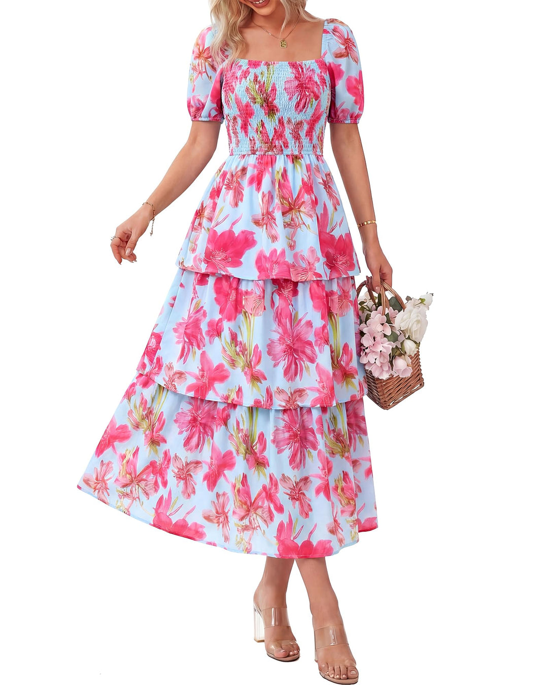 Rosalie Floral Smocked Midi Dress — Square Neck Puff Sleeve Summer Dress for Women