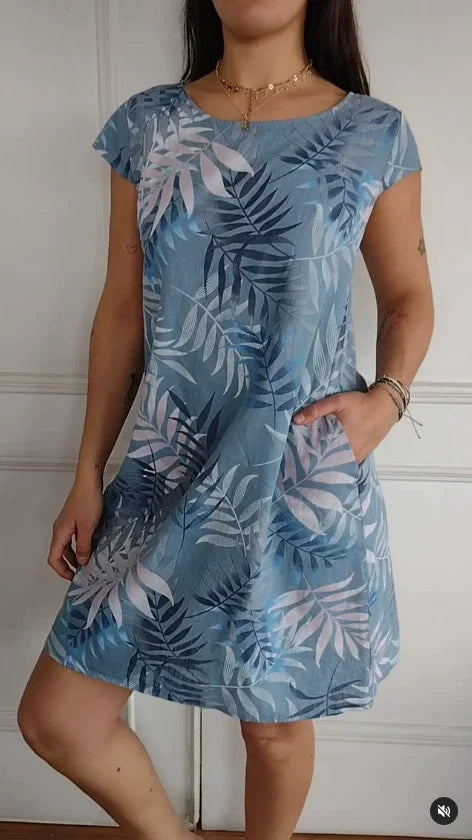 Women's Linen-Look Printed Summer Dress with Pockets