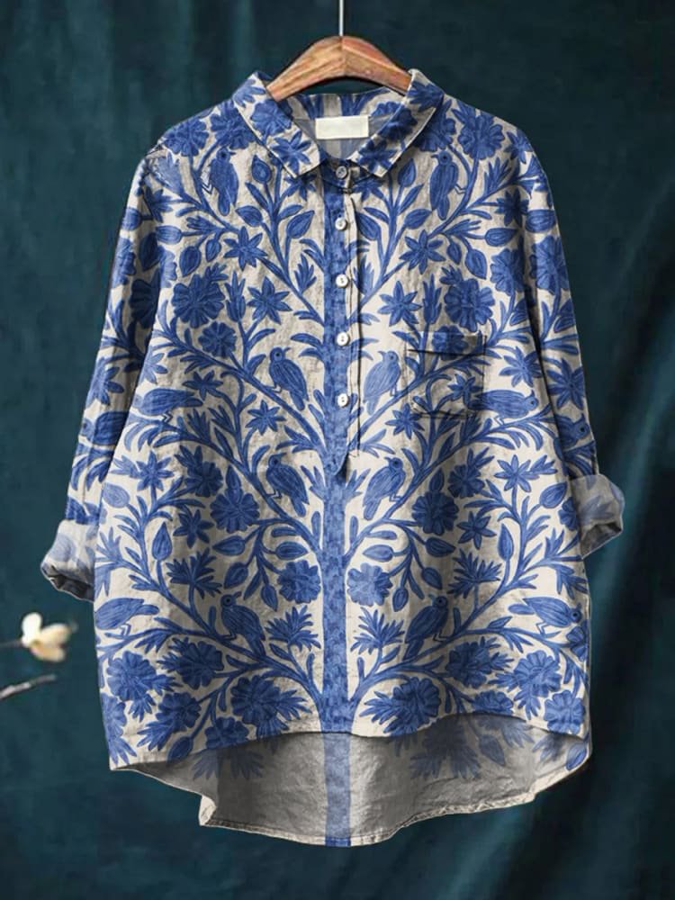 Women's Indian Art Floral Vintage Print Casual Cotton Shirt
