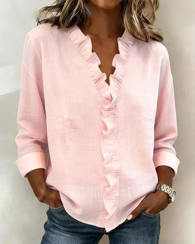 Ruffled V Neck Blouse Relaxed Fit Lightweight Fabric