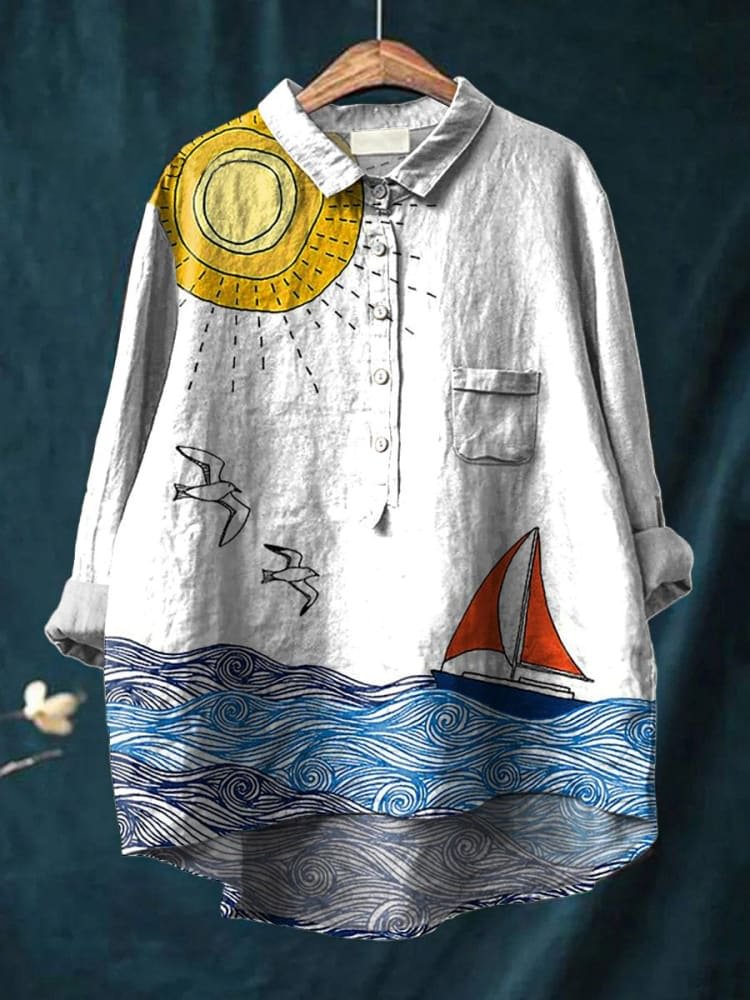Sailing Little Boat Art Printed Women's Casual Cotton Shirt