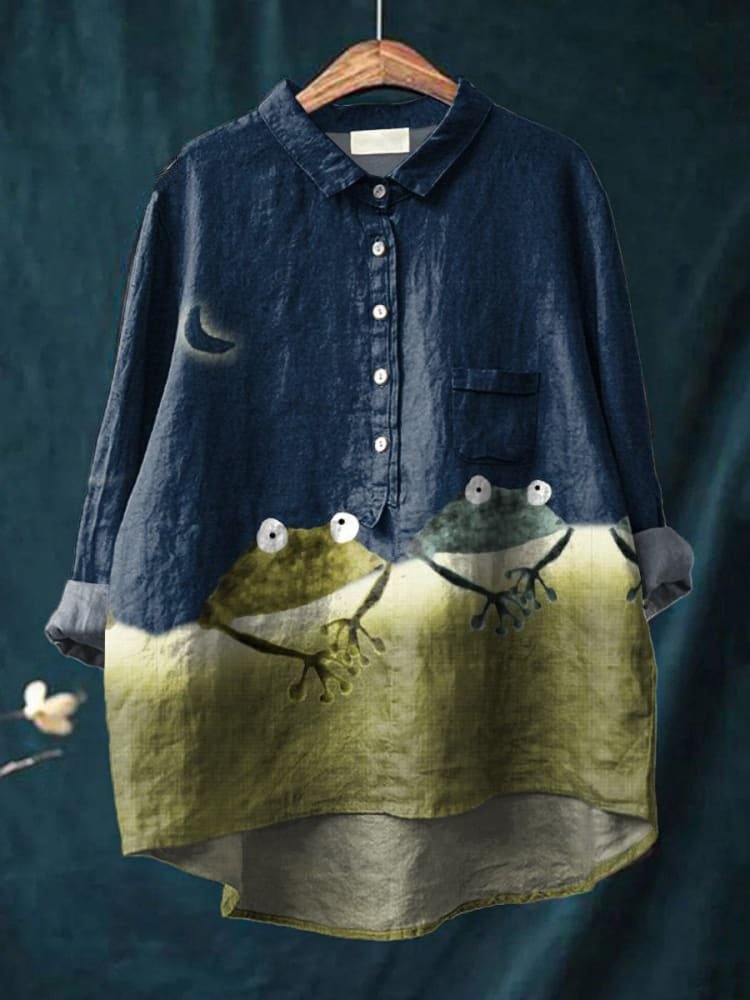 Women's Simple Frog Colour Block Art Print Casual Cotton Shirt