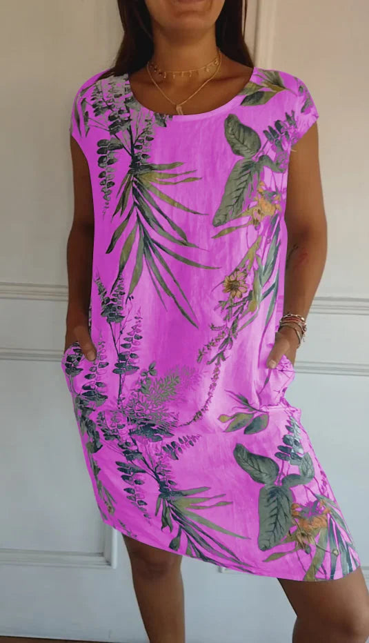Women's Linen-Look Printed Summer Dress with Pockets
