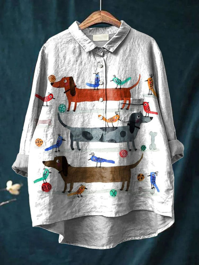 Vintage Lovely Dachshund Art Print Casual Cotton Shirt