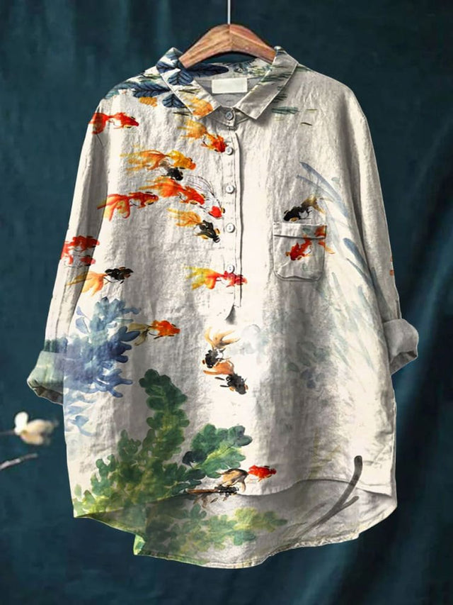 Women's Fish Art Print Casual Cotton Shirt