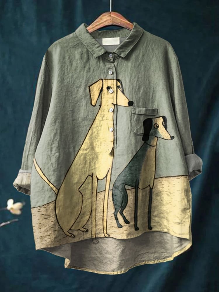 Women's Fun Abstract Puppy Print Casual Cotton Shirt