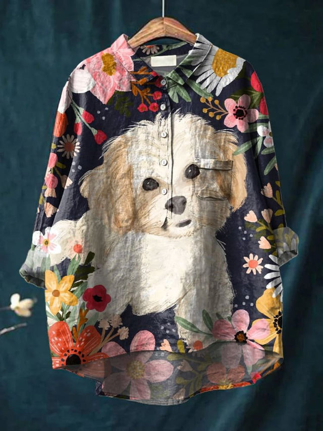 Women's Cute Flower Dog Print Casual Cotton Shirt