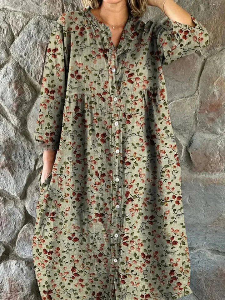 Women’s Retro Floral Cotton Shirt Dress with Pockets