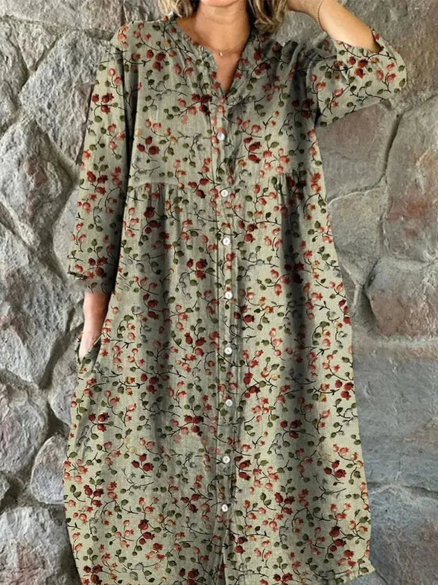 Women’s Retro Floral Cotton Shirt Dress with Pockets