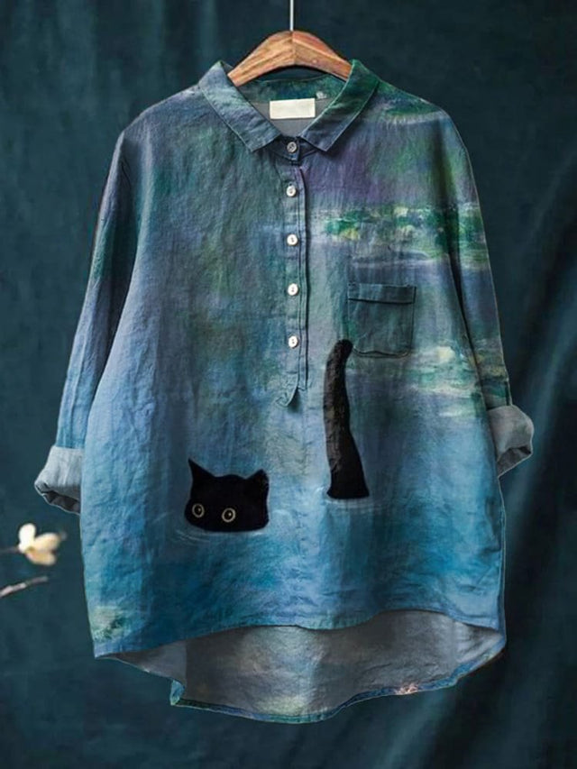 Women's Oil Painting Cat Art Print Casual Cotton Shirt