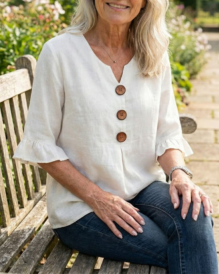 V-Neck Blouse with Wooden Buttons and Ruffled Sleeves