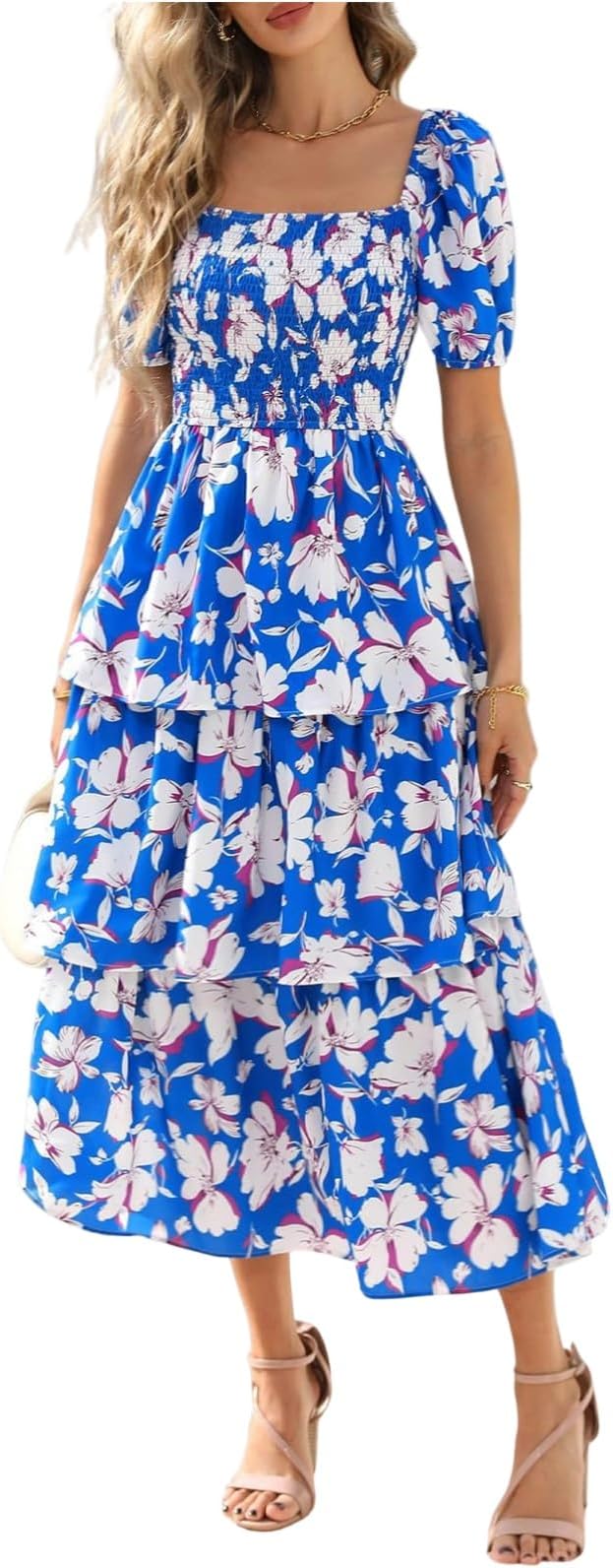 Rosalie Floral Smocked Midi Dress — Square Neck Puff Sleeve Summer Dress for Women