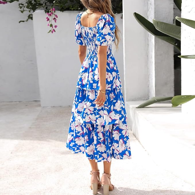 Rosalie Floral Smocked Midi Dress — Square Neck Puff Sleeve Summer Dress for Women