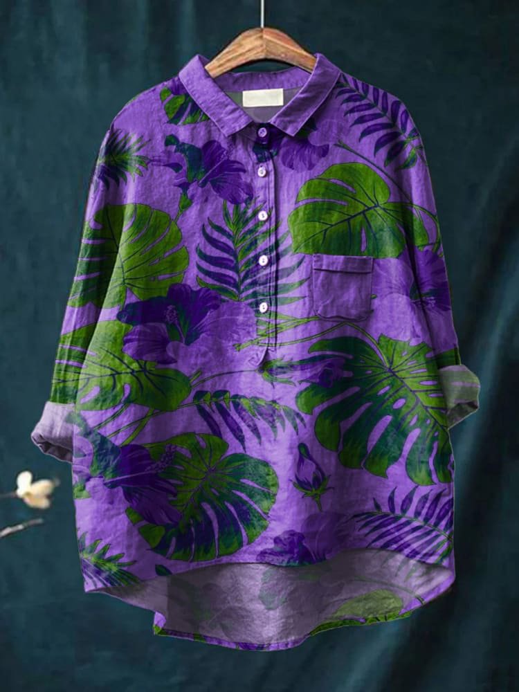 Decorative Pattern of Large Leaves On Purple Background Casual Cotton Shirt