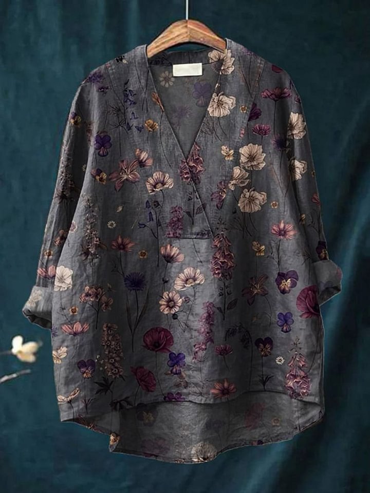Women's Flower Art Print Casual Cotton V-neck Shirt