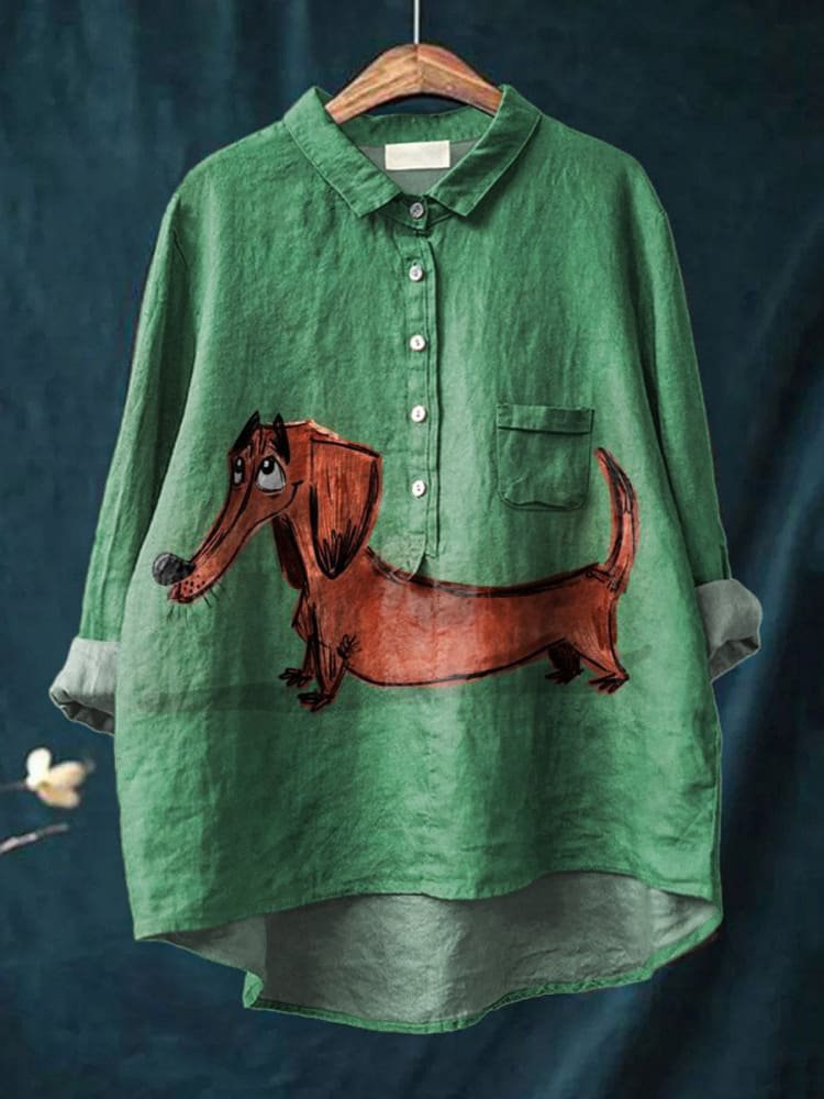 Vintage Lovely Dachshund Art Print Casual Cotton Shirt
