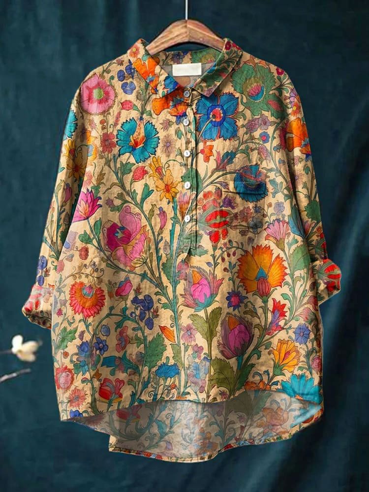 Women's Vintage Indian Folk Floral Art Print Casual Cotton Shirt