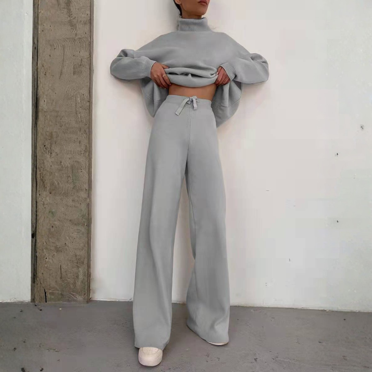 TADUM™ - Cozy Long Sleeve Turtleneck Top and Wide Leg Pants Set