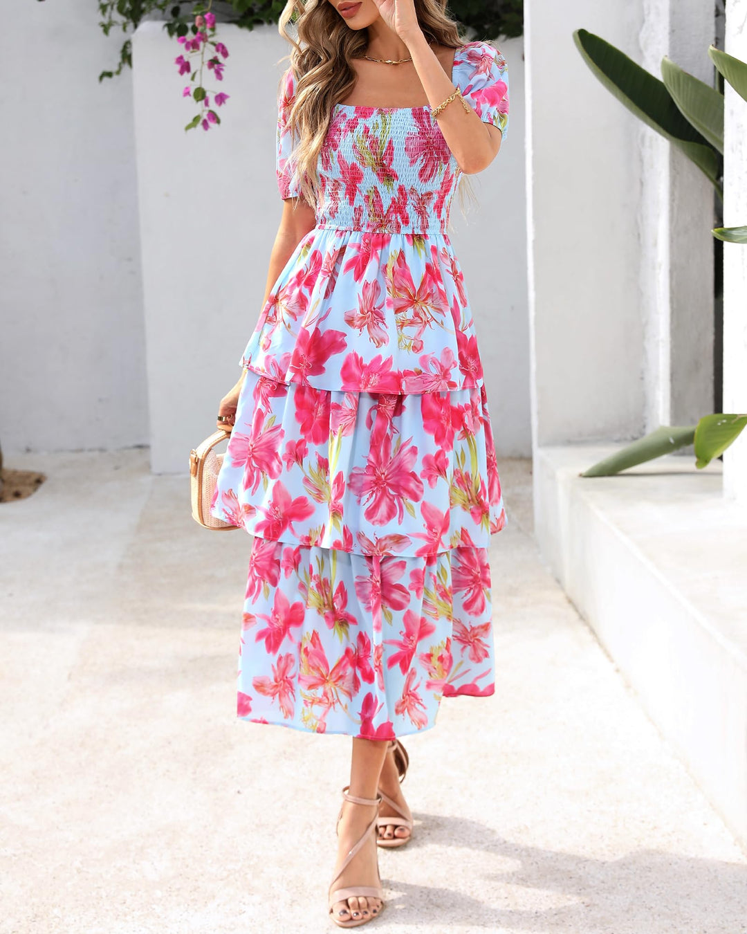 Rosalie Floral Smocked Midi Dress — Square Neck Puff Sleeve Summer Dress for Women
