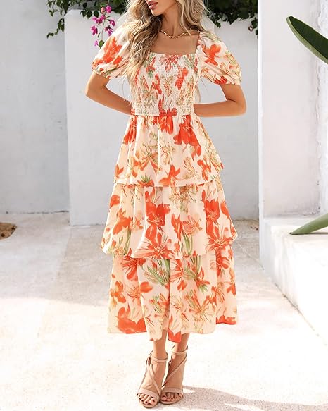 Rosalie Floral Smocked Midi Dress — Square Neck Puff Sleeve Summer Dress for Women