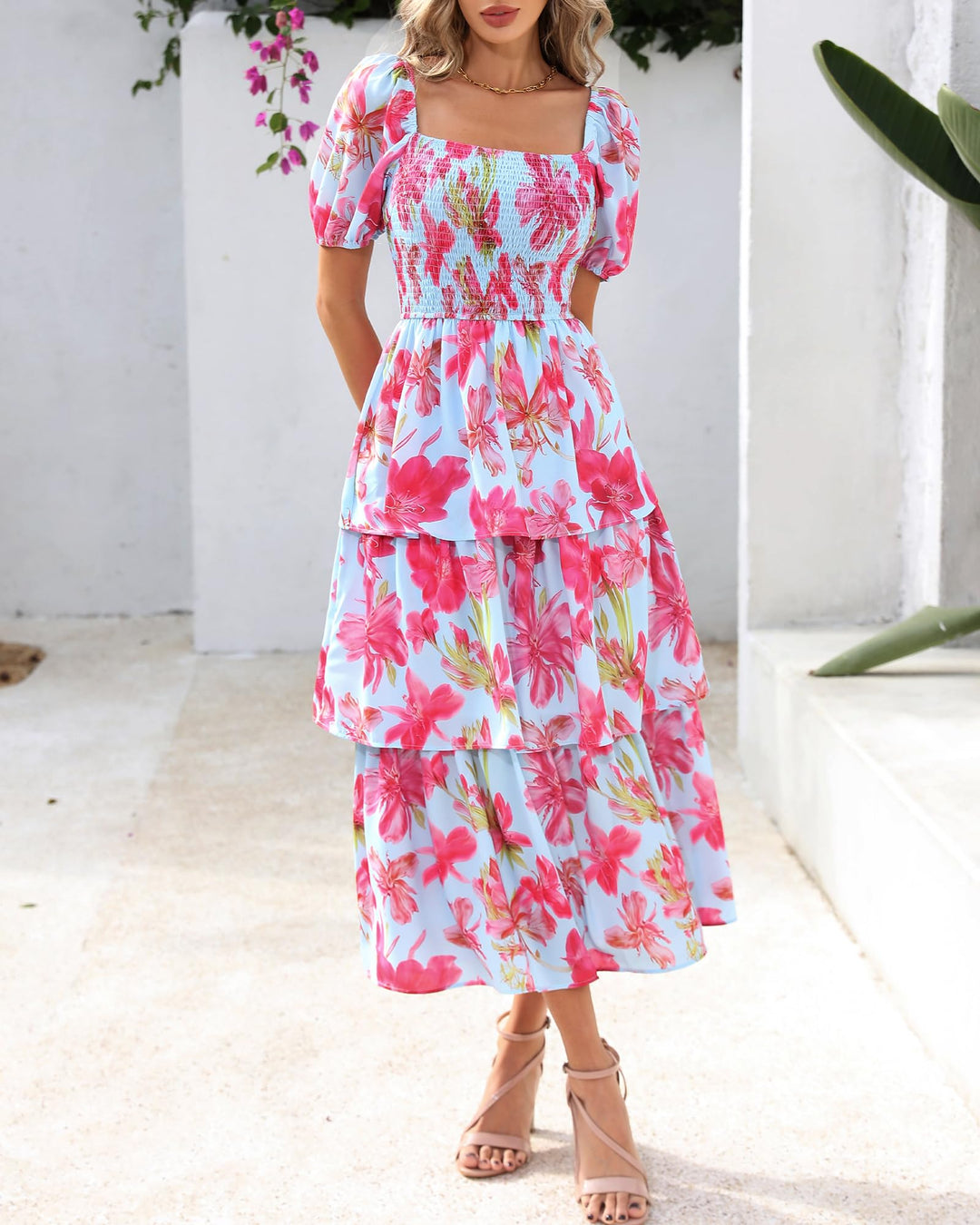 Rosalie Floral Smocked Midi Dress — Square Neck Puff Sleeve Summer Dress for Women