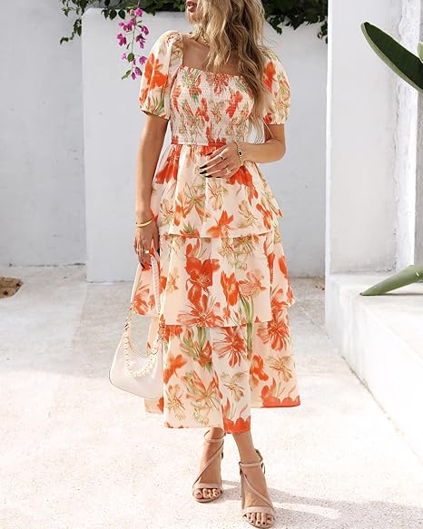 Rosalie Floral Smocked Midi Dress — Square Neck Puff Sleeve Summer Dress for Women
