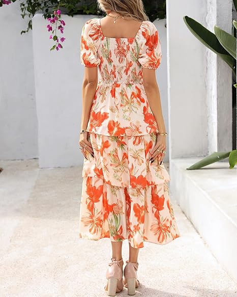 Rosalie Floral Smocked Midi Dress — Square Neck Puff Sleeve Summer Dress for Women