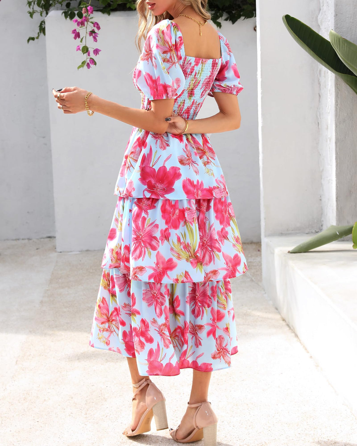 Rosalie Floral Smocked Midi Dress — Square Neck Puff Sleeve Summer Dress for Women