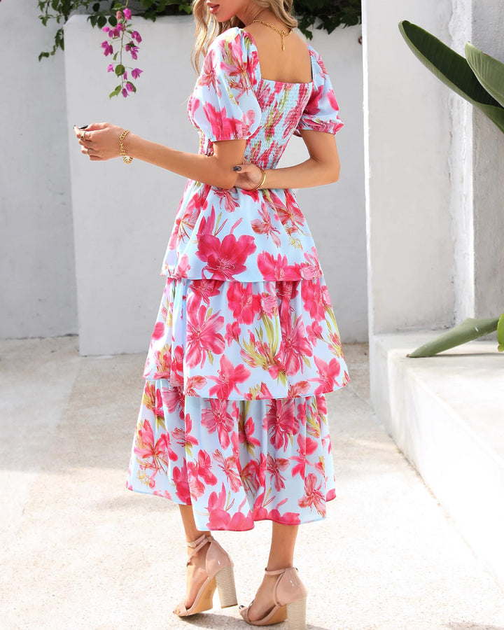 Rosalie Floral Smocked Midi Dress — Square Neck Puff Sleeve Summer Dress for Women