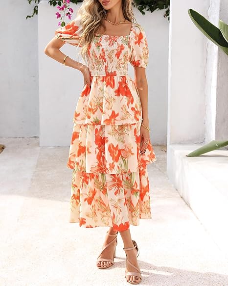 Rosalie Floral Smocked Midi Dress — Square Neck Puff Sleeve Summer Dress for Women