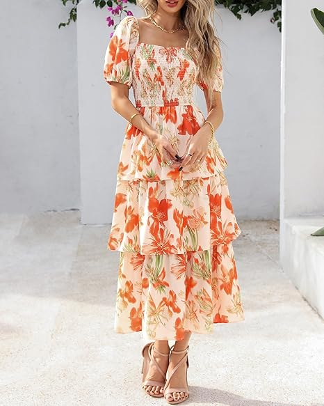 Rosalie Floral Smocked Midi Dress — Square Neck Puff Sleeve Summer Dress for Women