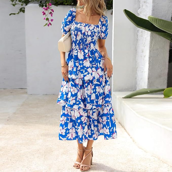 Rosalie Floral Smocked Midi Dress — Square Neck Puff Sleeve Summer Dress for Women