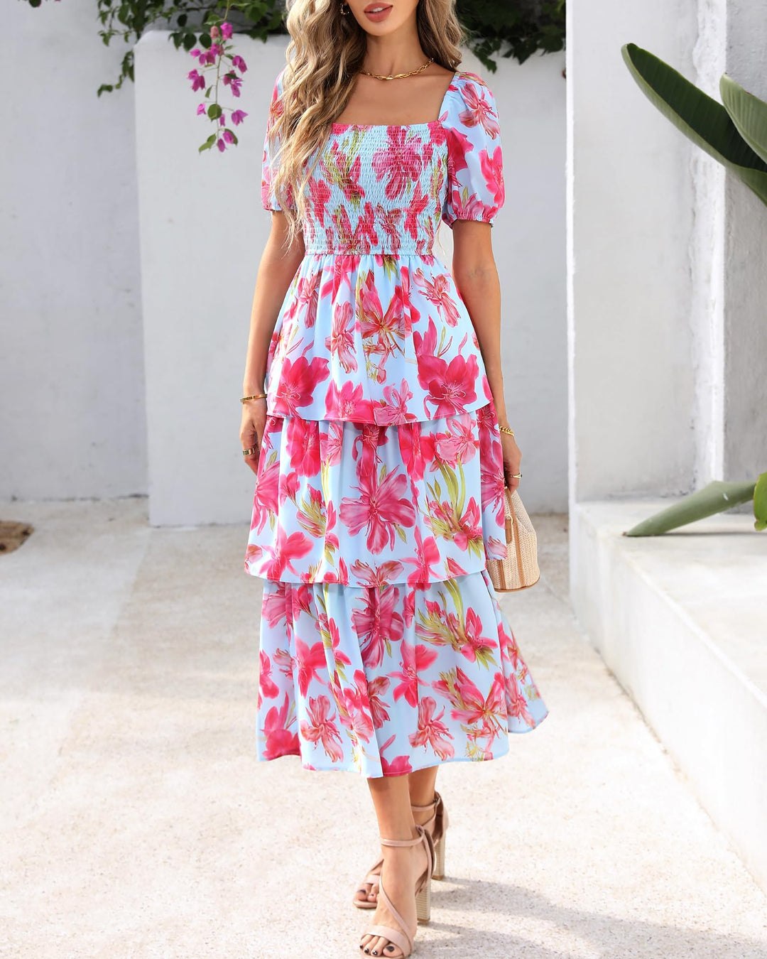 Rosalie Floral Smocked Midi Dress — Square Neck Puff Sleeve Summer Dress for Women