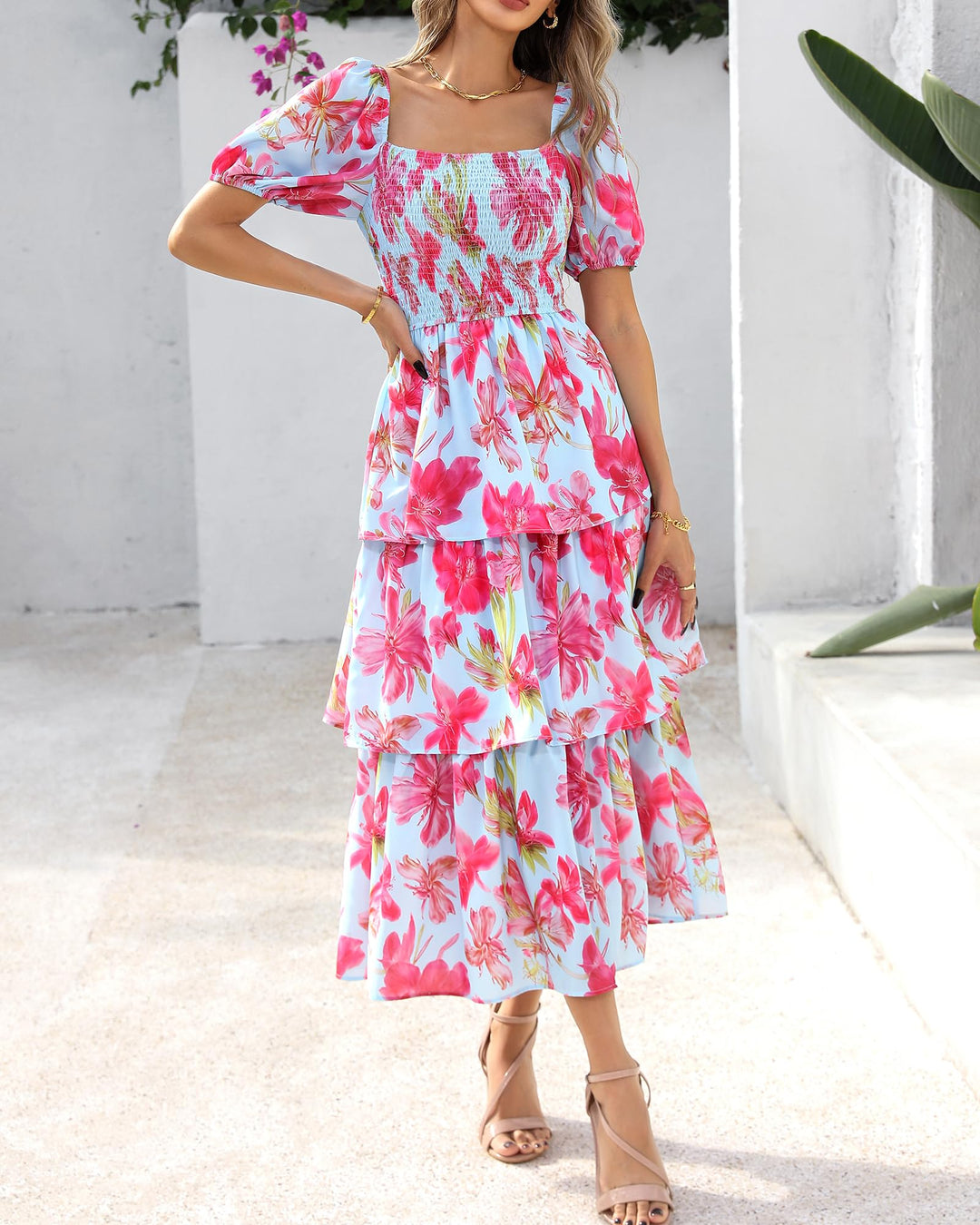 Rosalie Floral Smocked Midi Dress — Square Neck Puff Sleeve Summer Dress for Women