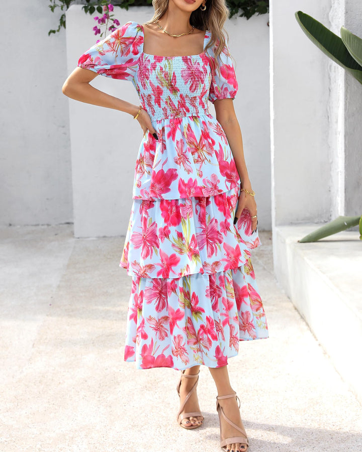 Rosalie Floral Smocked Midi Dress — Square Neck Puff Sleeve Summer Dress for Women
