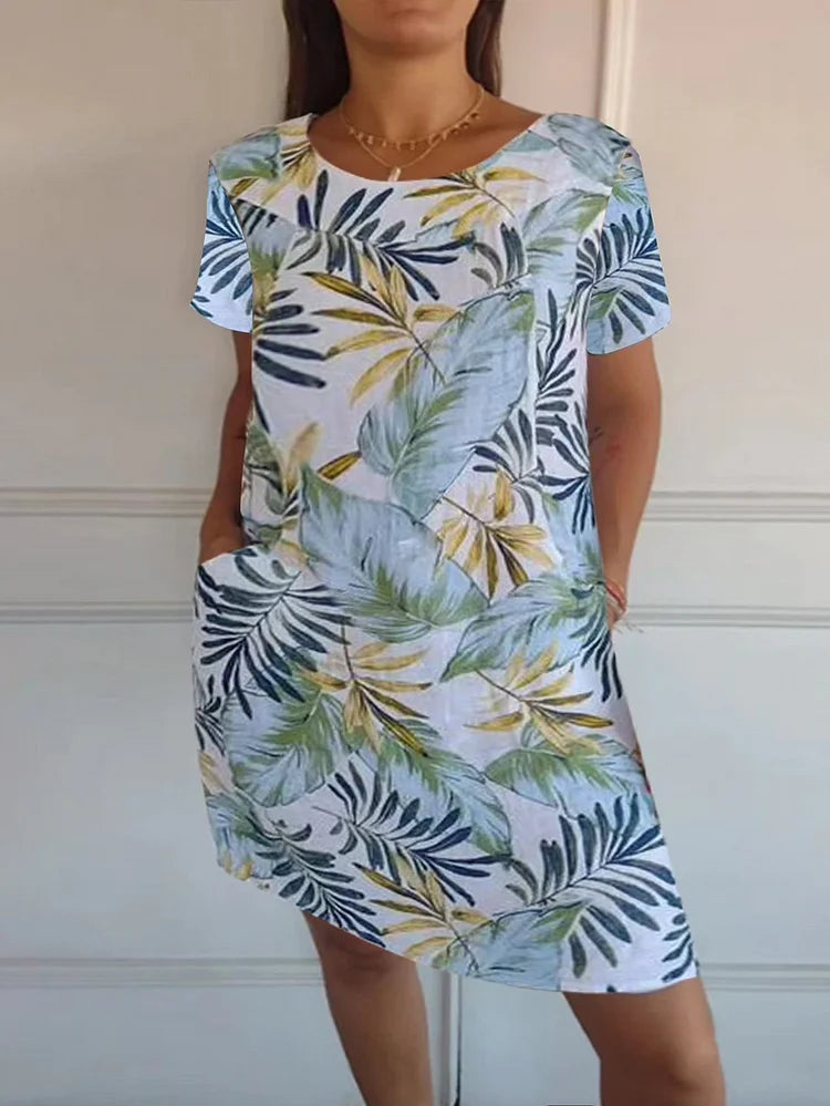 Women's Linen-Look Printed Summer Dress with Pockets