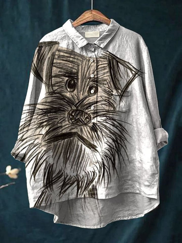 Women's Vintage Cute Dog Art Print Casual Cotton Shirt