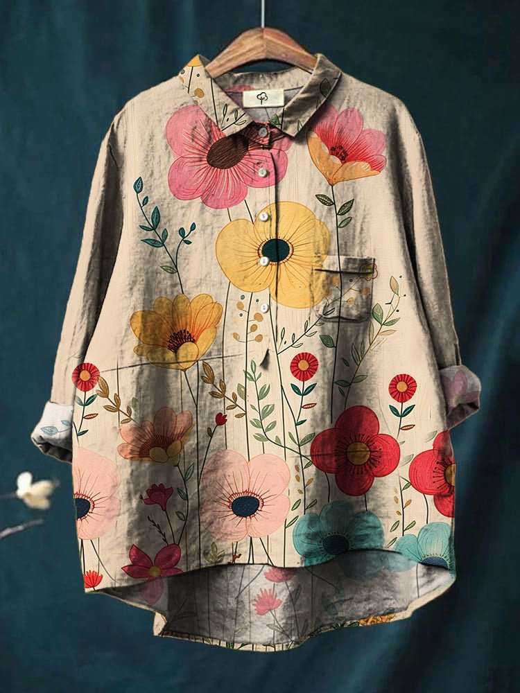 Elegant And Casual Plants And Flowers Print Cotton Shirt