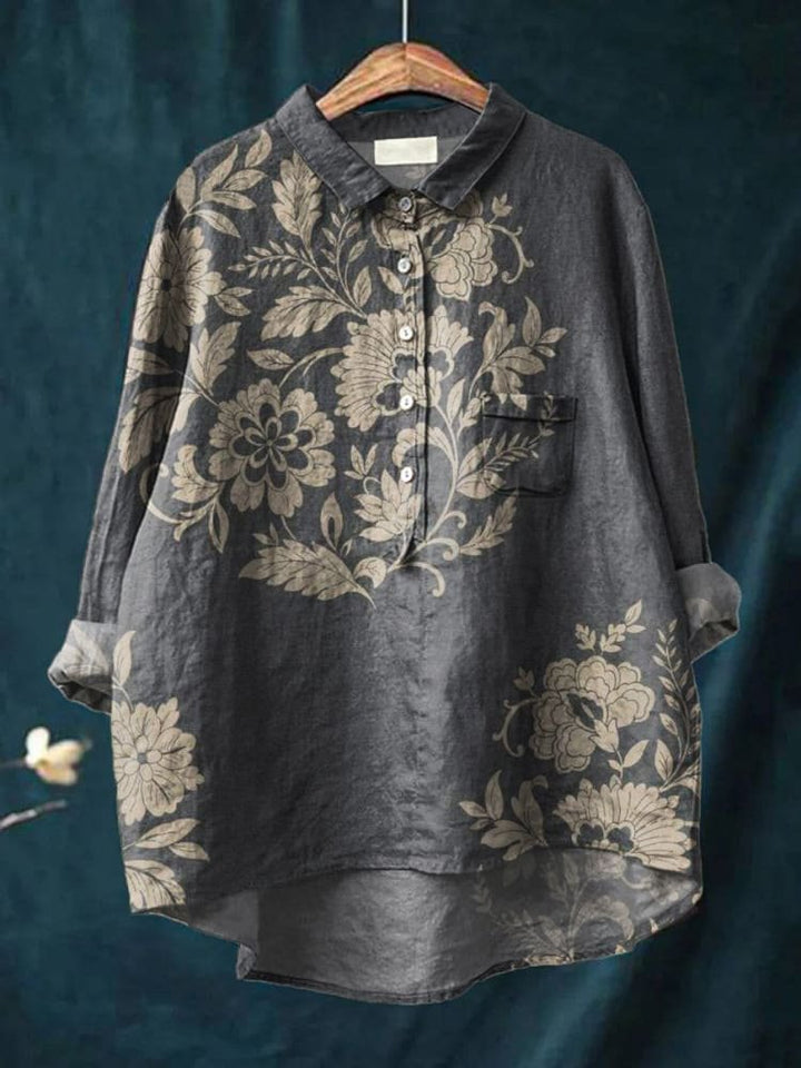 Asymmetric Floral and Leaf Combination Decorative Pattern Casual Cotton Shirt