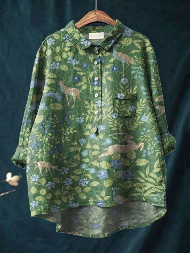 Women's Vintage Floral Animals Art Print Casual Cotton Shirt
